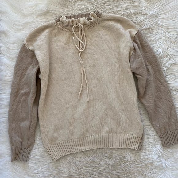 Trunk Project Korean Cream Knit Ruffled Tie Neck Oversized Wool Sweater - Picture 2 of 11